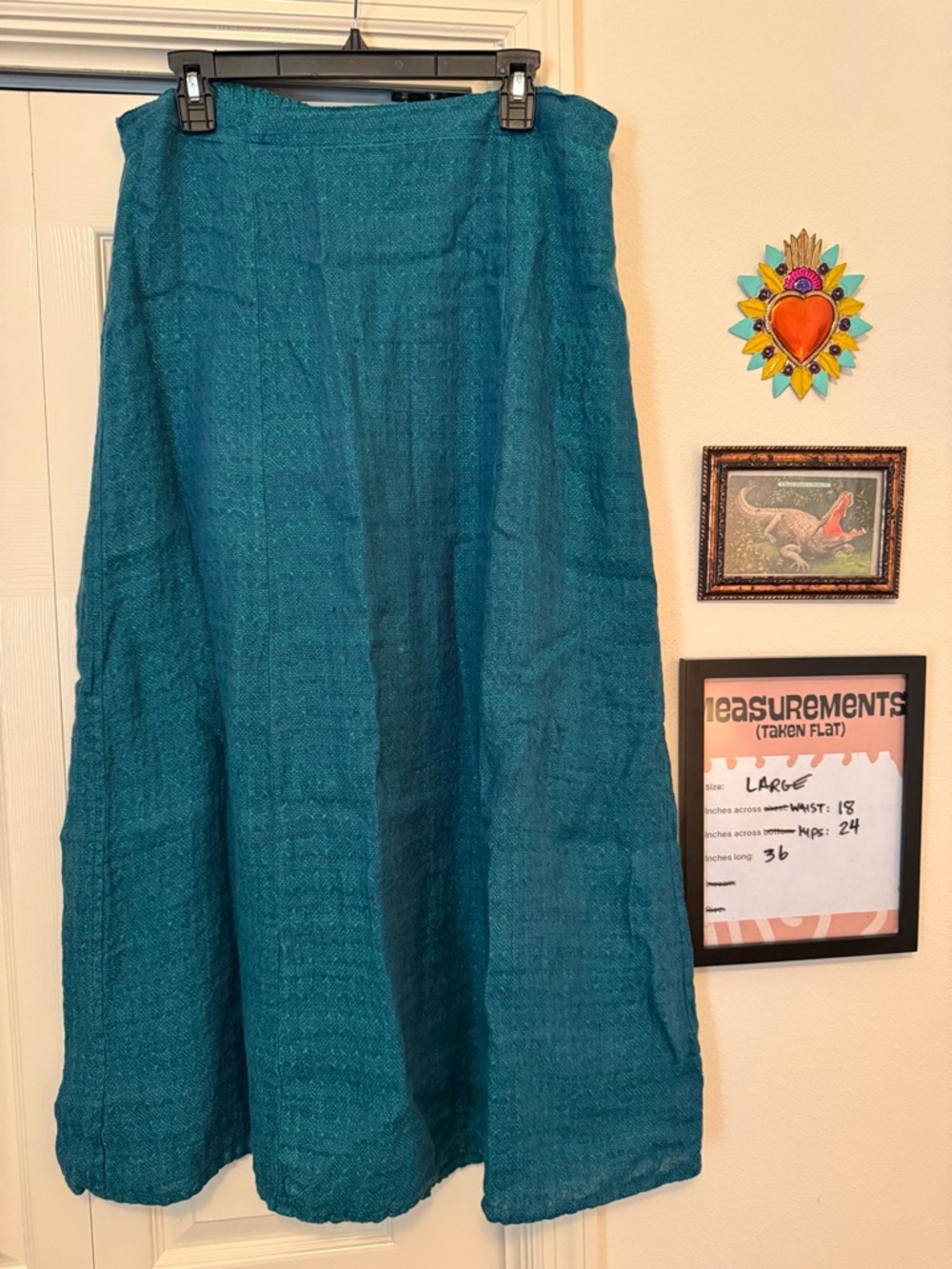 FLAX Linen A-Line Skirt Large Peacock Teal Blue Lagenlook Elastic Waist Woven